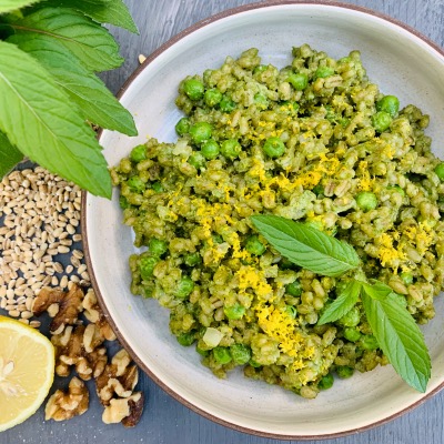 Green Grain Bowl + Lemony Spinach, Mint & Walnut Pesto